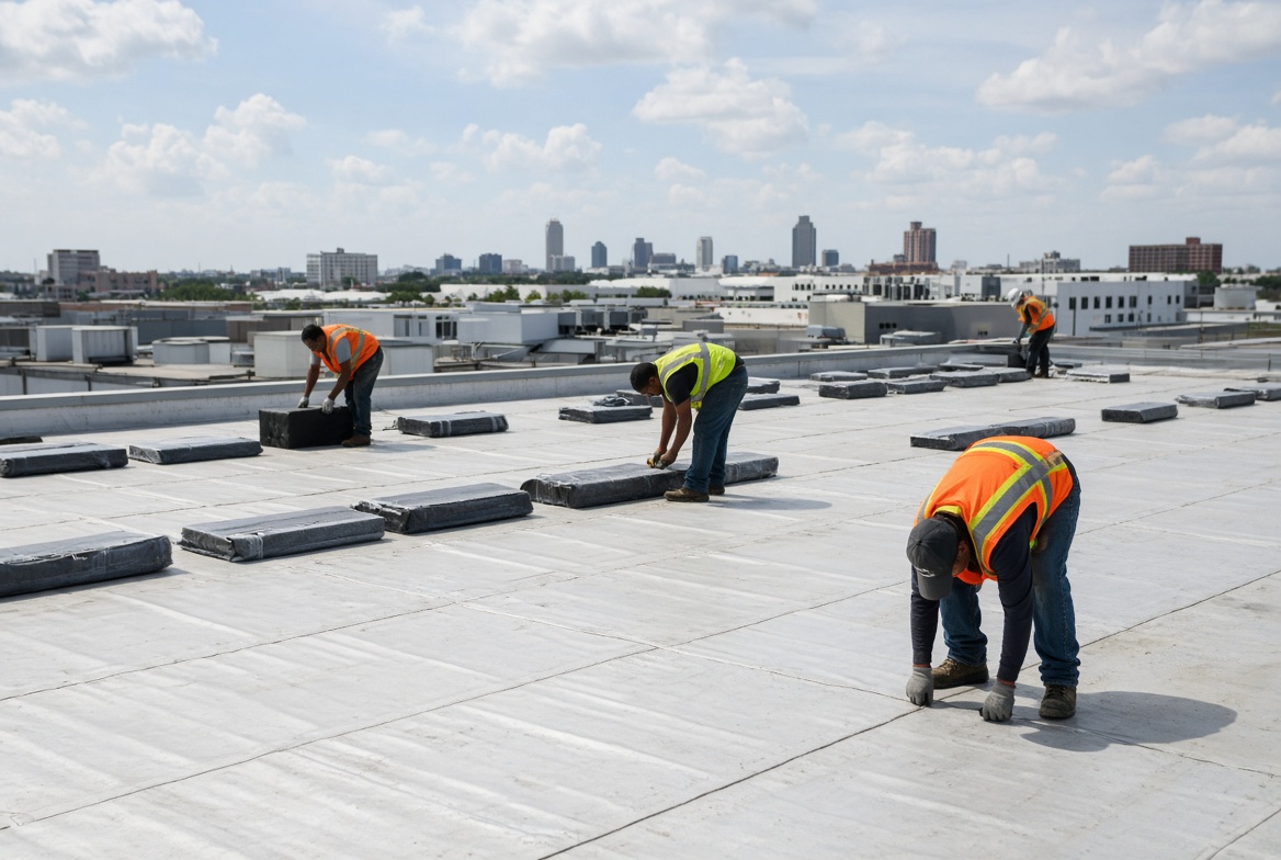 Generated illustration of a commercial roofing crew on a job. Composite, not a named crew.